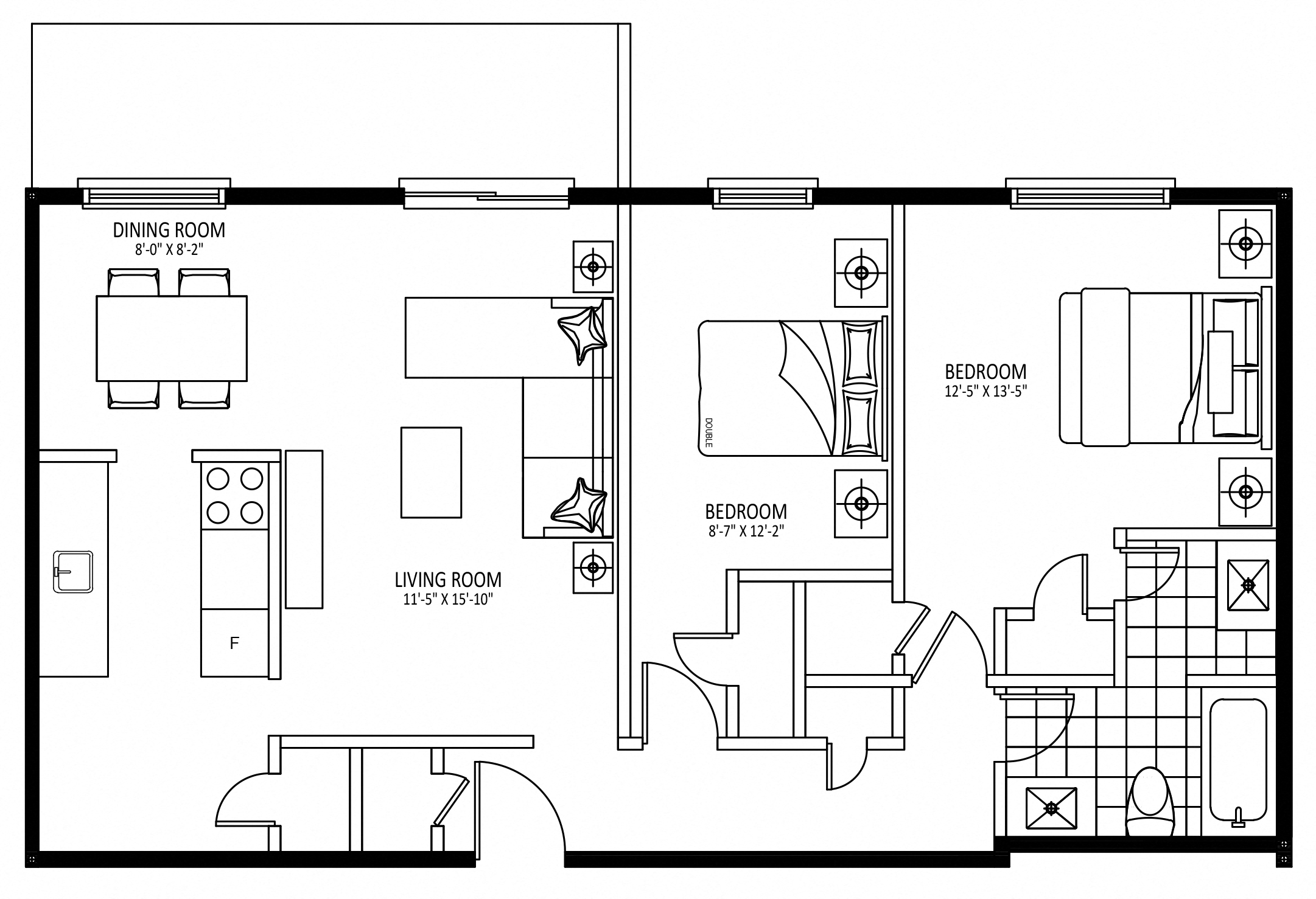 Floor plan for 2 beds, 1 bath, 940 sqft